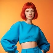 Sample image 3 woman with orange hair in blue top on an orange gradient background