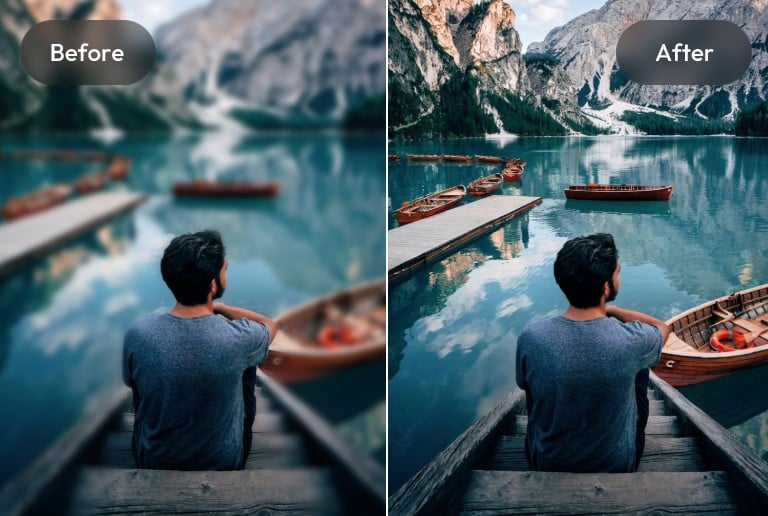 AI photo background blur remover effect featuring a man sitting beside a lake