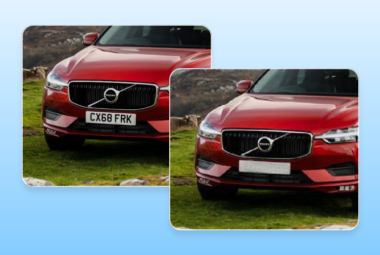 Before and after images of removing the license plate number from a red car