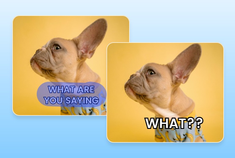Before and after images of removing the text from a puppy meme image and add new text