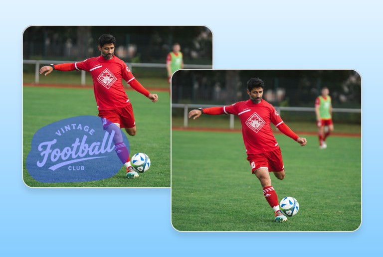 Before and after images of removing the text watermark of a football club from a photo of a football player wearing a red jersey playing on a green field