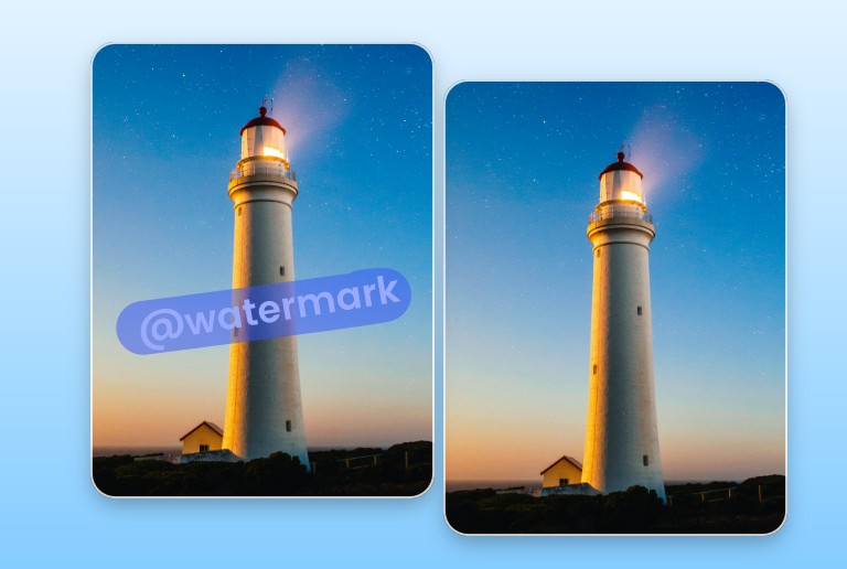 Before and after images of removing the watermark from a photo of a lighthouse at sunset
