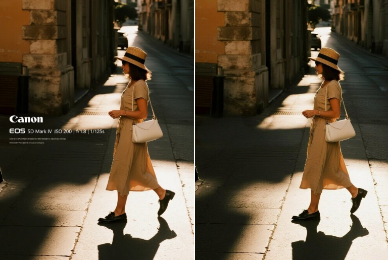 Remove Canon camera stamp from picture of a girl carrying a white shoulder bag walking down a street at sunset