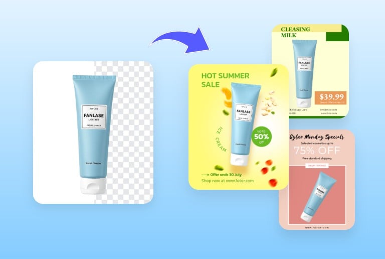 Remove the white background of a blue cleanser product image and add more background images for summer sale promotions