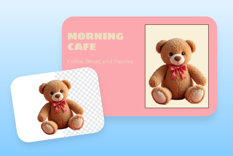 Remove the white background of a pink bow bear sticker and apply a clear sticker to a pink coffee shop business card