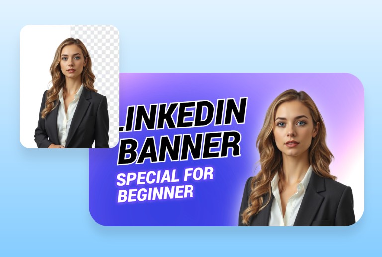 Remove the white background of a professional photo of a girl in a black suit and add the image to the design of a purple linkedin banner