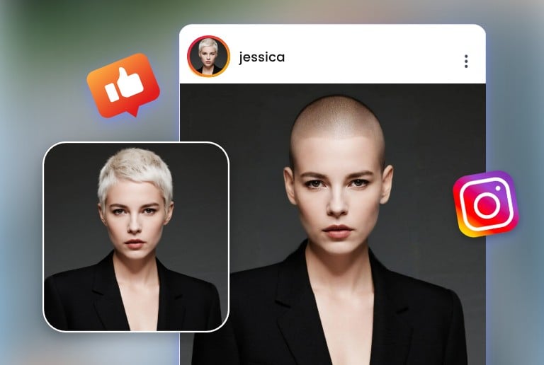 Share the image of a woman with a buzz cut wearing a black suit on social media
