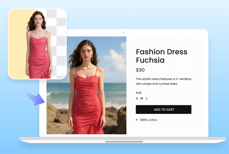 Add an ai bg to a female model photo and use it as a web design