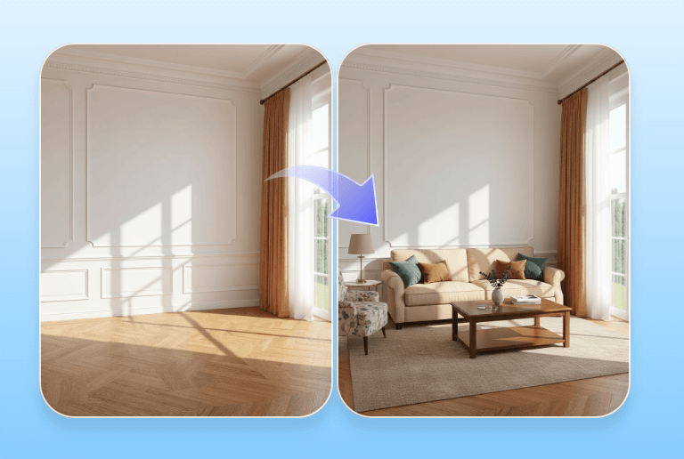 Add furnitures for the empty room using Pxbee ai generative fill online free
