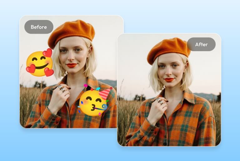 Automatically remove all emojis and stickers from a photo of a woman wearing a beret
