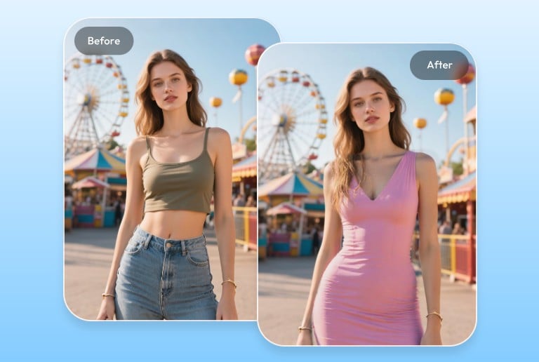 Before and after of a woman in a dress