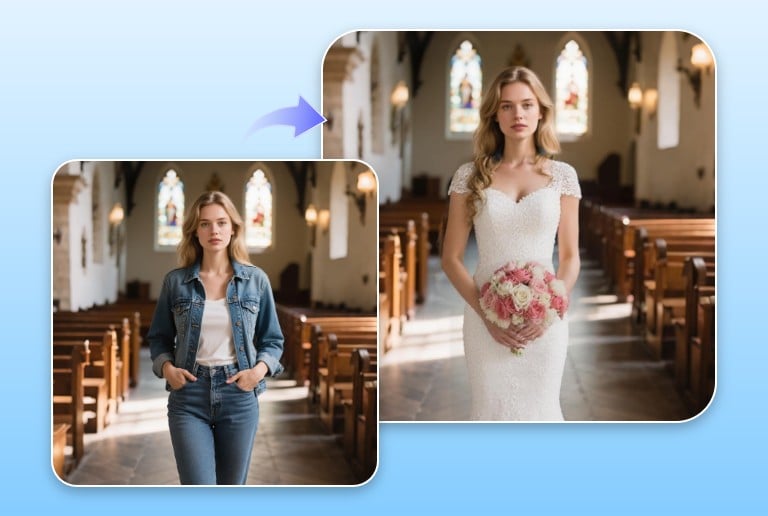 Before and after of a woman in a wedding dress