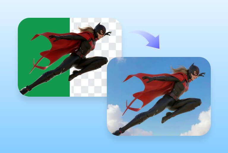 Change green screen background of a character image to a sky background for cosplay