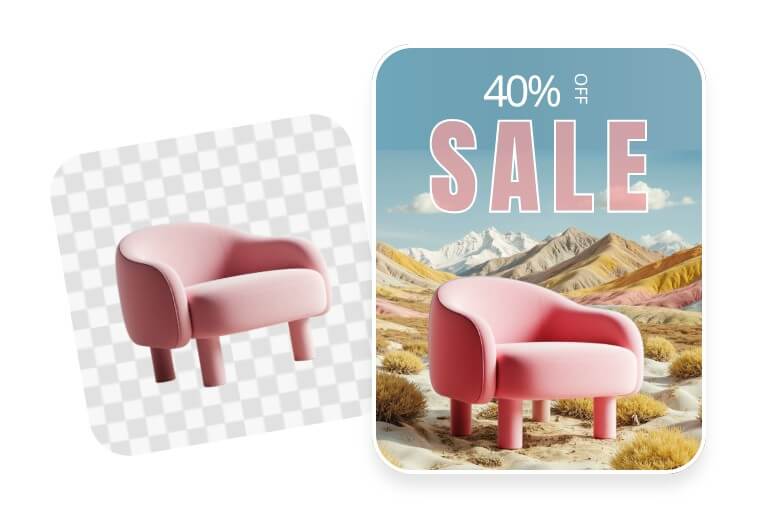 Change the background of a product photo of a pink sofa and apply it to a virtual scene