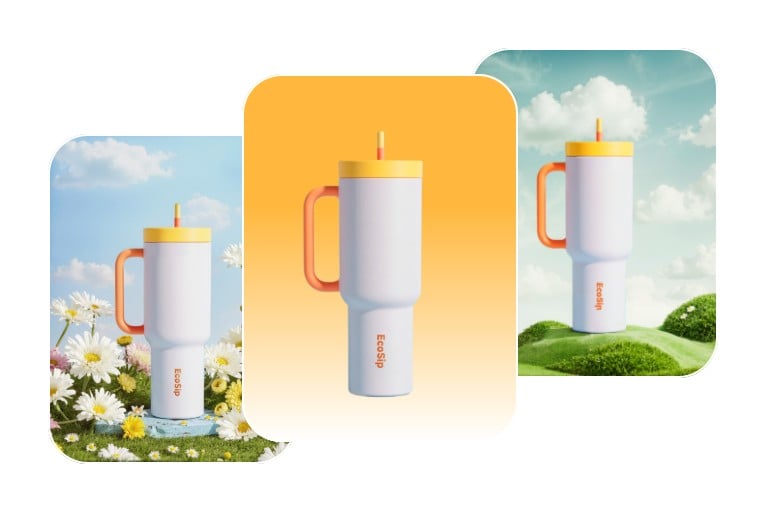Change the background of a product photo of a water cup to different scene backgrounds