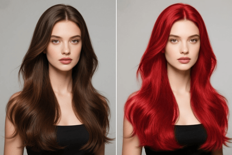 Change the hair color of a woman from dark brown to red