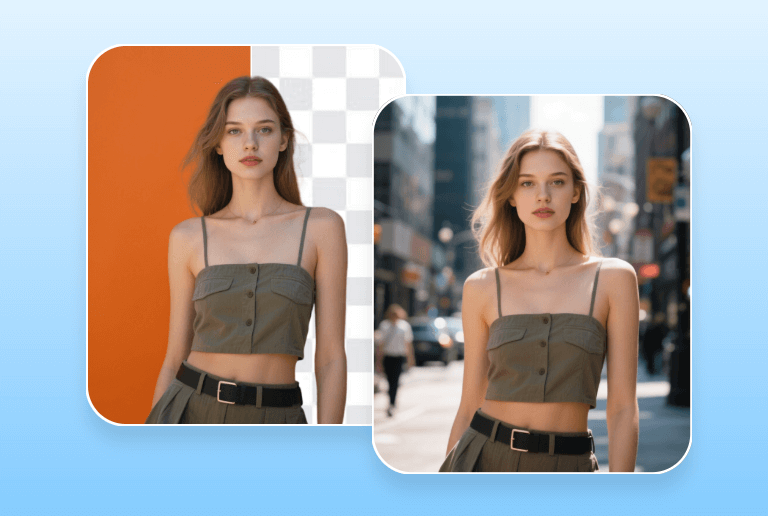 Change the original bg of a female portrait to an ai street view