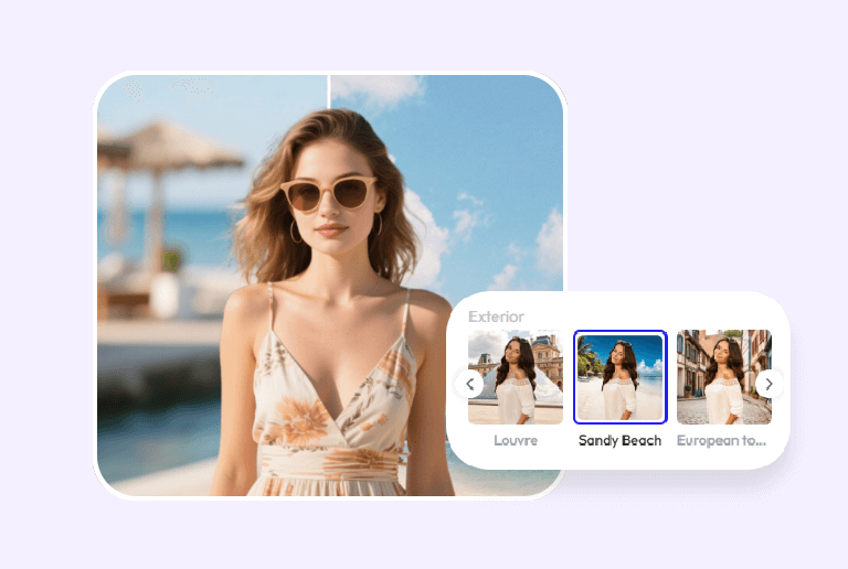 Change the original bg of a upload a pic of a girl in flowery bikini to an ai beach view bg
