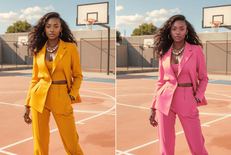 Change the outfit color of a black woman from yellow to pink