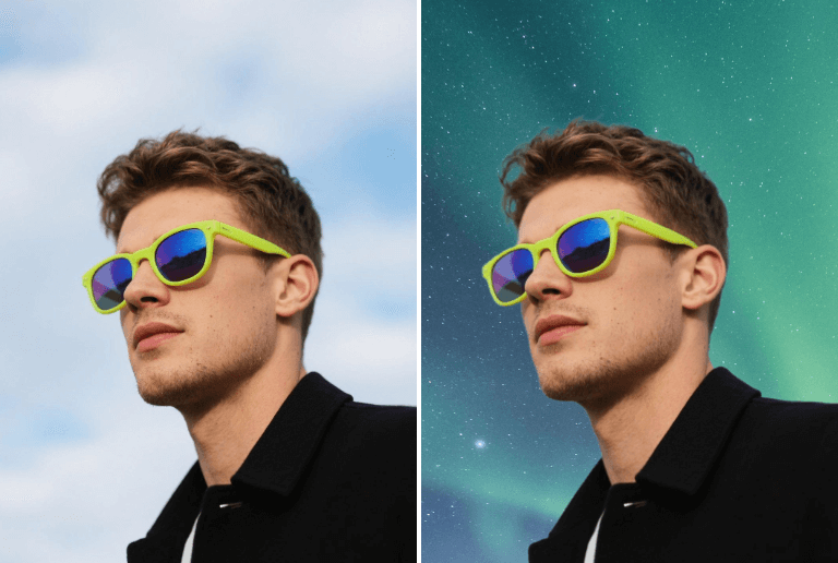 Change the sky of a photo of a man wearing sunglasses