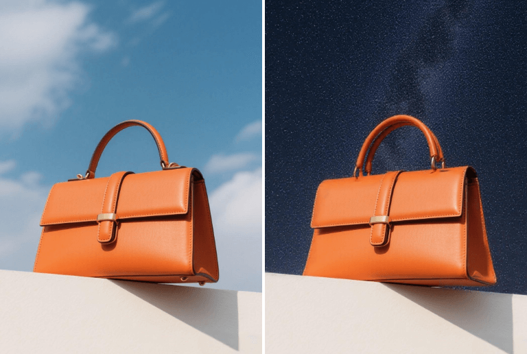 Change the sky of a photo of an orange bag