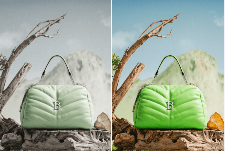 Correct the color flaw of a green bag