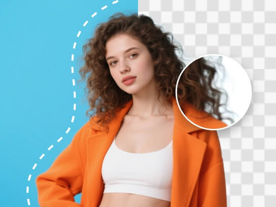 Cut out a picture of a curly haired girl wearing an orange casual jacket