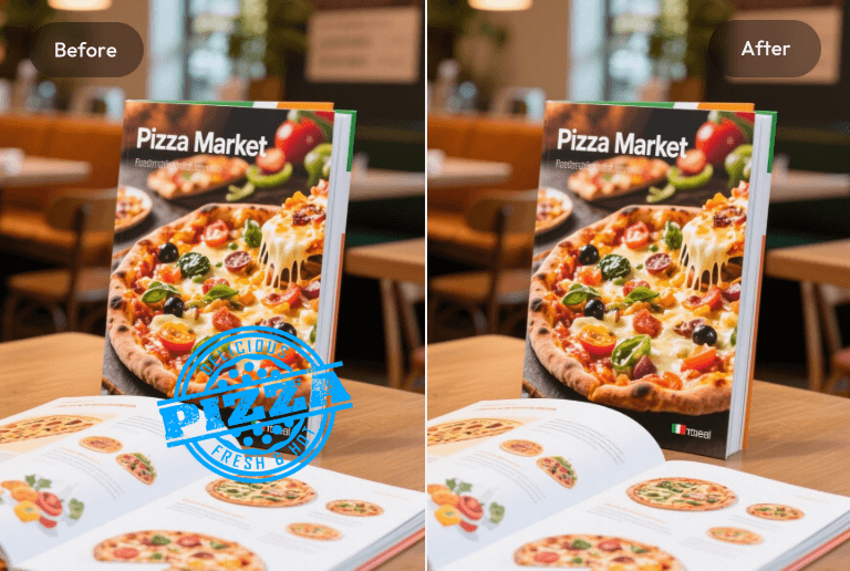 Cut stamp out of a promotional photo of a pizza restaurant