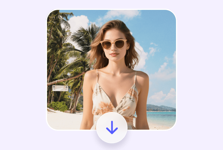 Download the pic of a girl in flowery bikini with an ai beach view bg