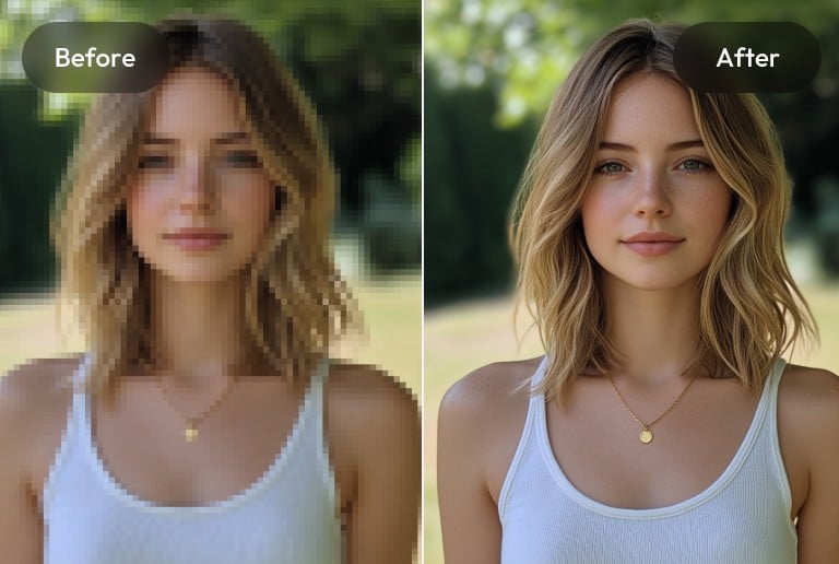 Enhance low resolution photo effect featuring a woman in blonde hair