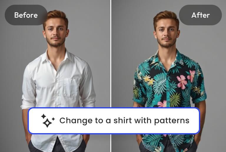 Enter text to replace the mans white shirt in the image with a floral jacket