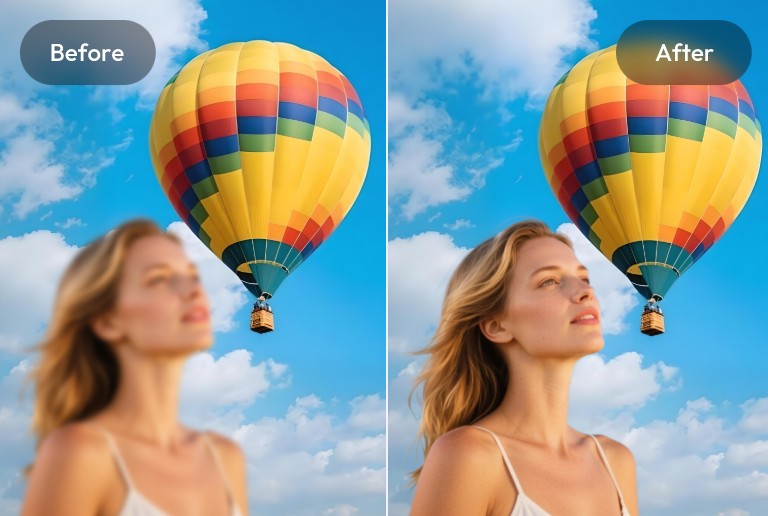 Fix out of focus blur effect featuring a woman and a hot air balloon