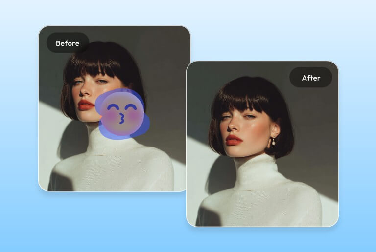 Remove a face emoji from a image of a female with short hair