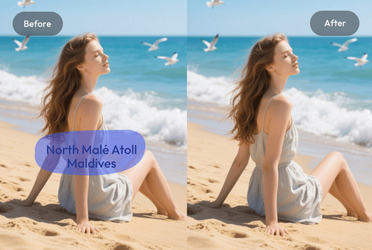 Remove a location stamp from a photo of a lady sitting on a beach