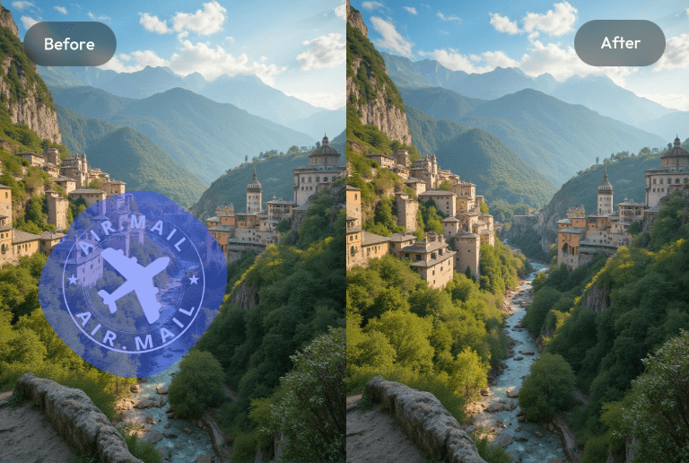 Remove a mail stamp from a photo of a mount view