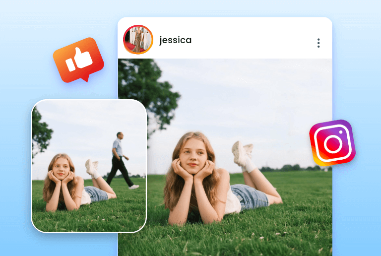 Remove an old man from a photo of a girl lying on a grassland and share it on social media