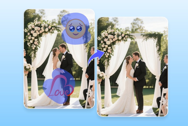 Remove emojis from a wedding photo of a lover