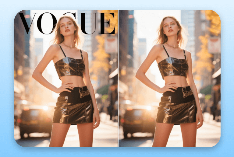 Remove text from a fashion photo featuring a female model