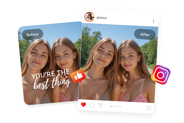 Remove text stamp from a photo of two girls and share it on social media