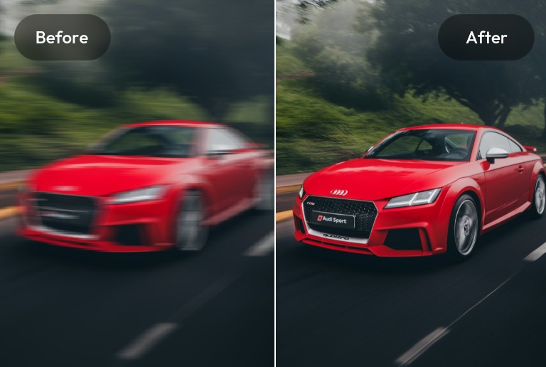 Removing motion blur effect from image featuring a red car running
