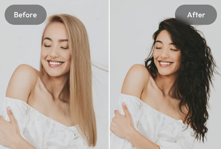 Replace a portrait photo of a woman with long blonde hair with black curly hair