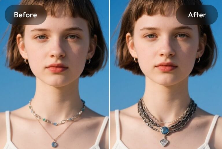 Replace accessories in a portrait photo of a short haired woman