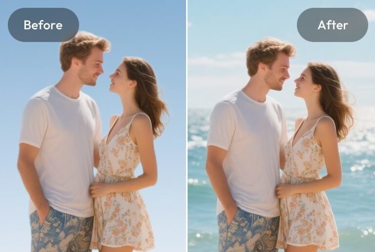 Replace the background in a couple photo with a beach