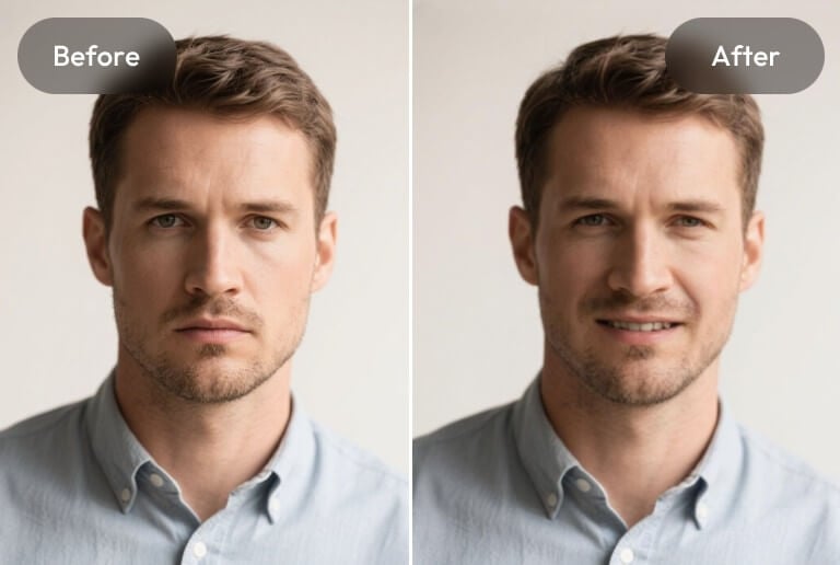 Replace the facial expression in a portrait photo of a man