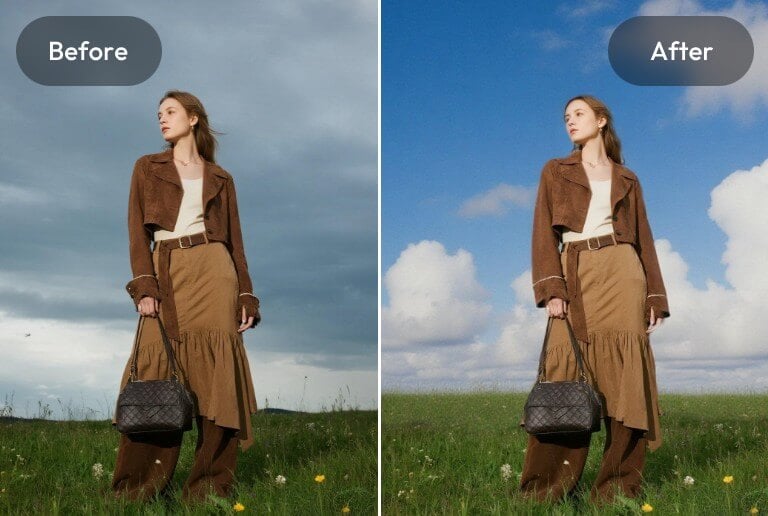 Replace the gray sky in a womans photo with a blue sky