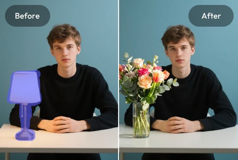 Replace the table lamp in a photo with flowers