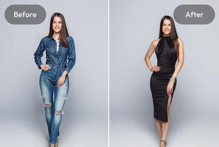 Replace the woman denim outfit in a photo with a black long dress