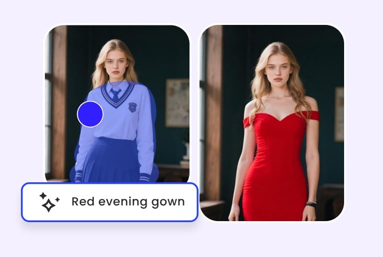 Step 2 AI replaces a preppy skirt suit with an off the shoulder red gown