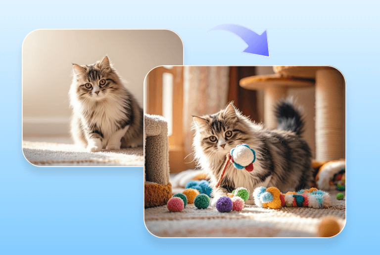 Use Pxbee ai image filler to add playful toys for a cat photo