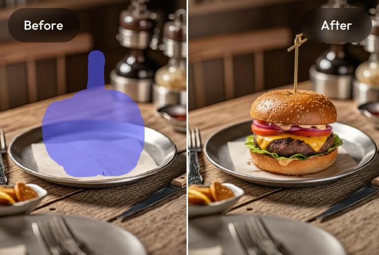 Use ai generative fill to add a hamburger to a plate in an image